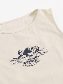 Angel And Letter Graphic Crop Tank Top With Shorts - Beige - View 4