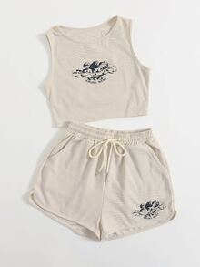 Angel And Letter Graphic Crop Tank Top With Shorts - Beige - View 6