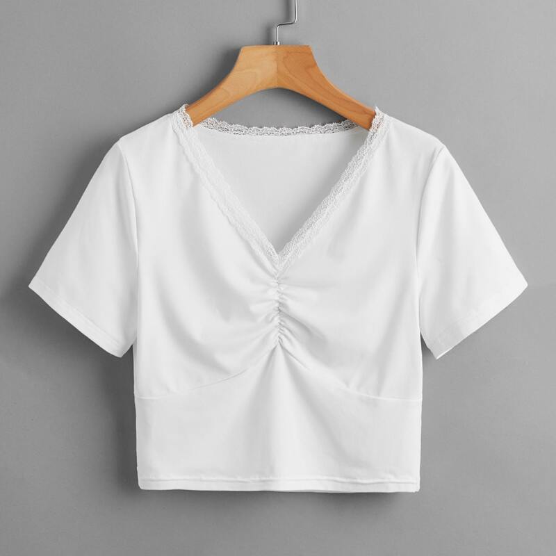 

Contrast Lace Ruched Crop Tee, White