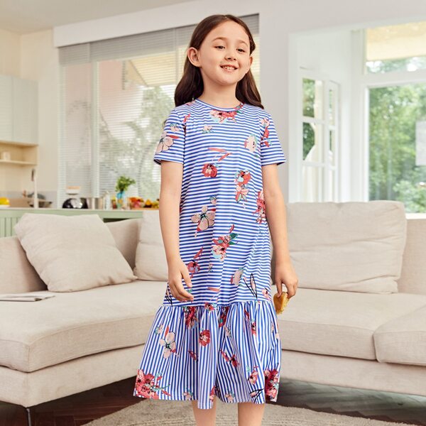 

Girls Floral and Striped Dress, Blue and white