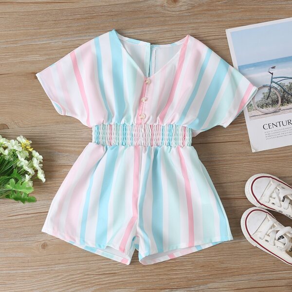 

Toddler Girls Colorful Stripe Shirred Waist Romper, Multicolor