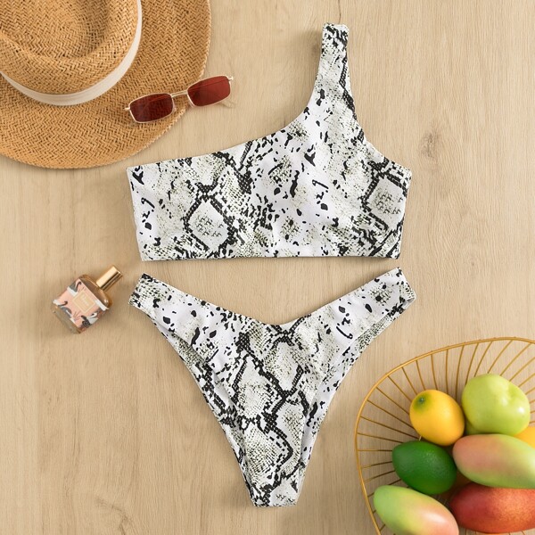 

Snakeskin One Shoulder Bikini Swimsuit, Multicolor