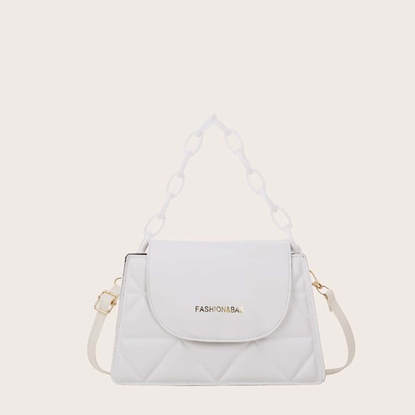 

Quilted Flap Chain Satchel Bag, White