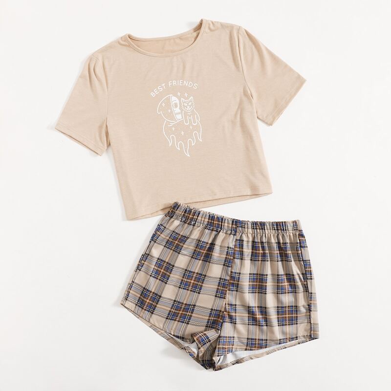

Letter Skull Graphic Plaid Pajama Set, Multicolor