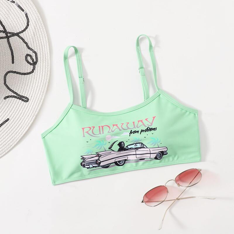 

Car & Letter Print Bikini Top, Mint green