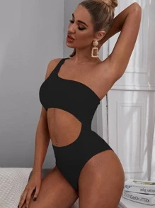 Cut Out One Shoulder One Piece Swimsuit - Black - View 1