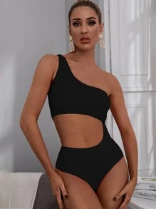 Cut Out One Shoulder One Piece Swimsuit - Black - View 3