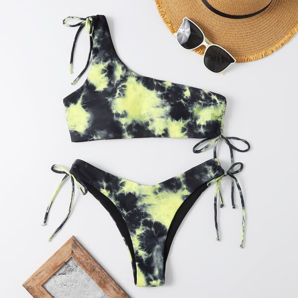 

Tie Dye Self Tie One Shoulder Bikini Swimsuit, Multicolor