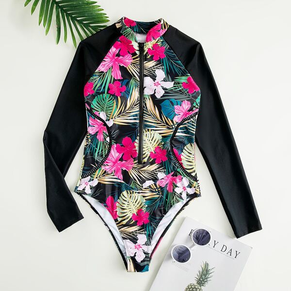 

Tropical & Floral Zip Front One Piece Swimsuit, Multicolor