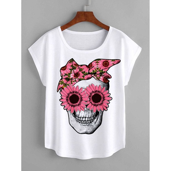 

Skull And Floral Print Batwing Sleeve Tee, White