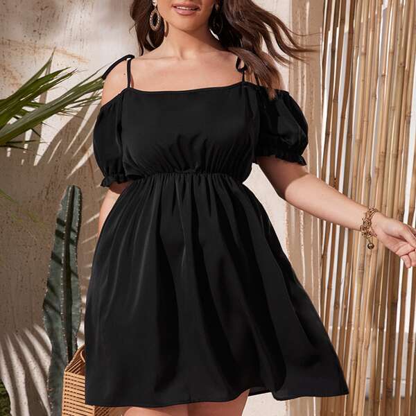 

Plus Solid Cold Shoulder A-line Dress, Black