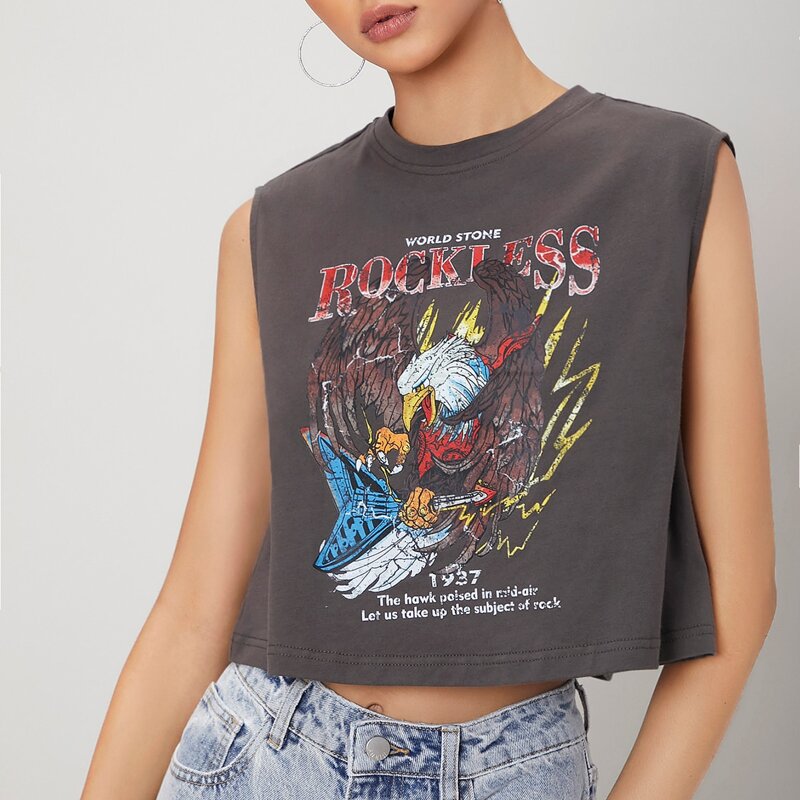 

Slogan and Eagle Print Tank Top, Dark grey
