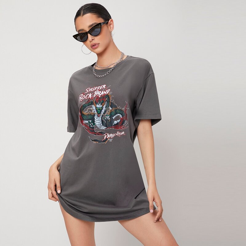 

Dragon & Letter Print Drop Shoulder Tee Dress, Dark grey