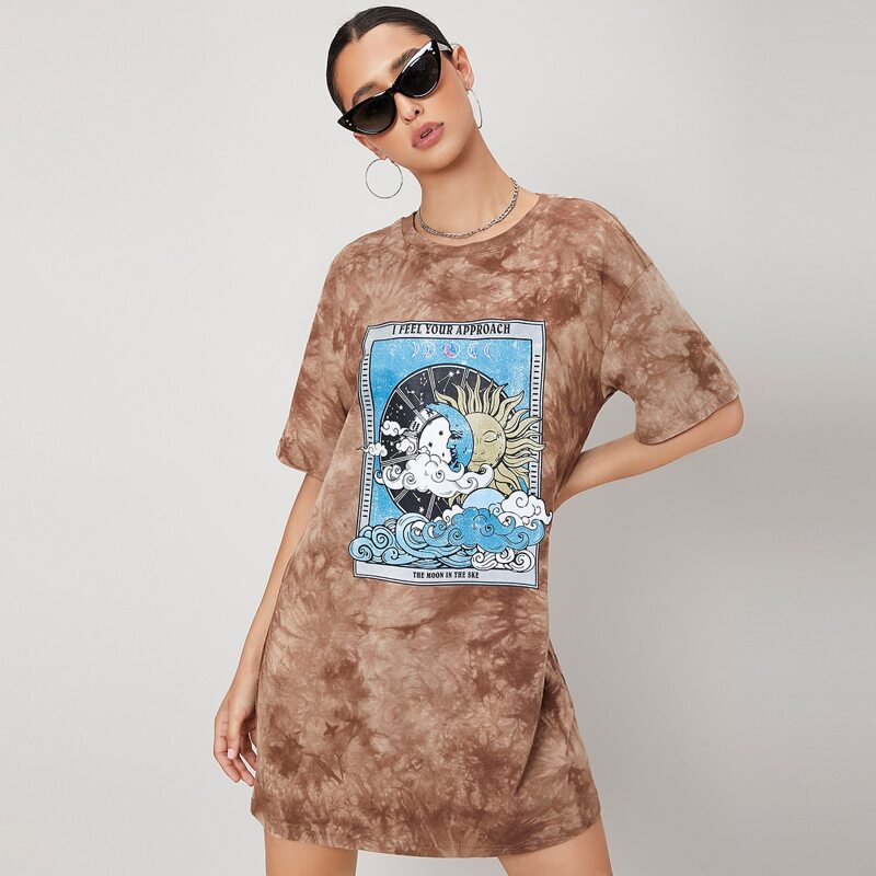 

Drop Shoulder Graphic Print Tie Dye Tee Dress, Multicolor
