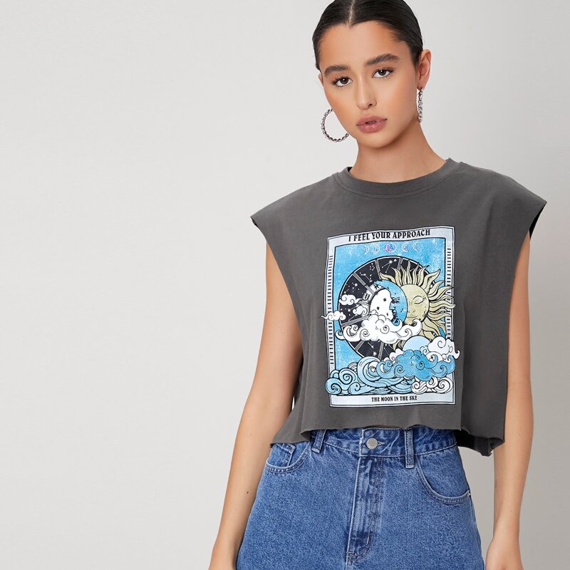 

Slogan and Graphic Print Tank Top, Dark grey