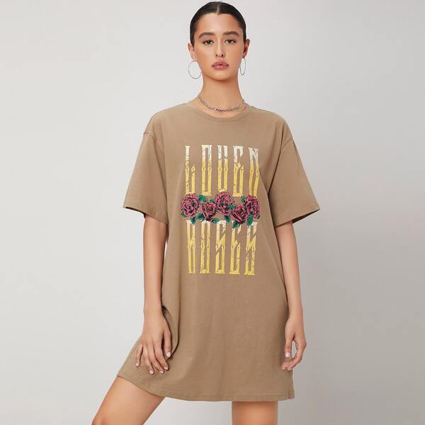 

Letter and Floral Tee Dress, Khaki
