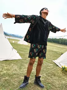 Manfinity 男士滿版卡通和服式外衣和短褲 - 黑色 - 查看 1