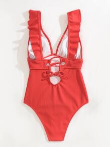 SHEIN Swim 荷葉邊連身泳裝 - 西瓜粉 - 查看 2