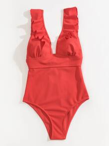 SHEIN Swim 荷葉邊連身泳裝 - 西瓜粉 - 查看 4