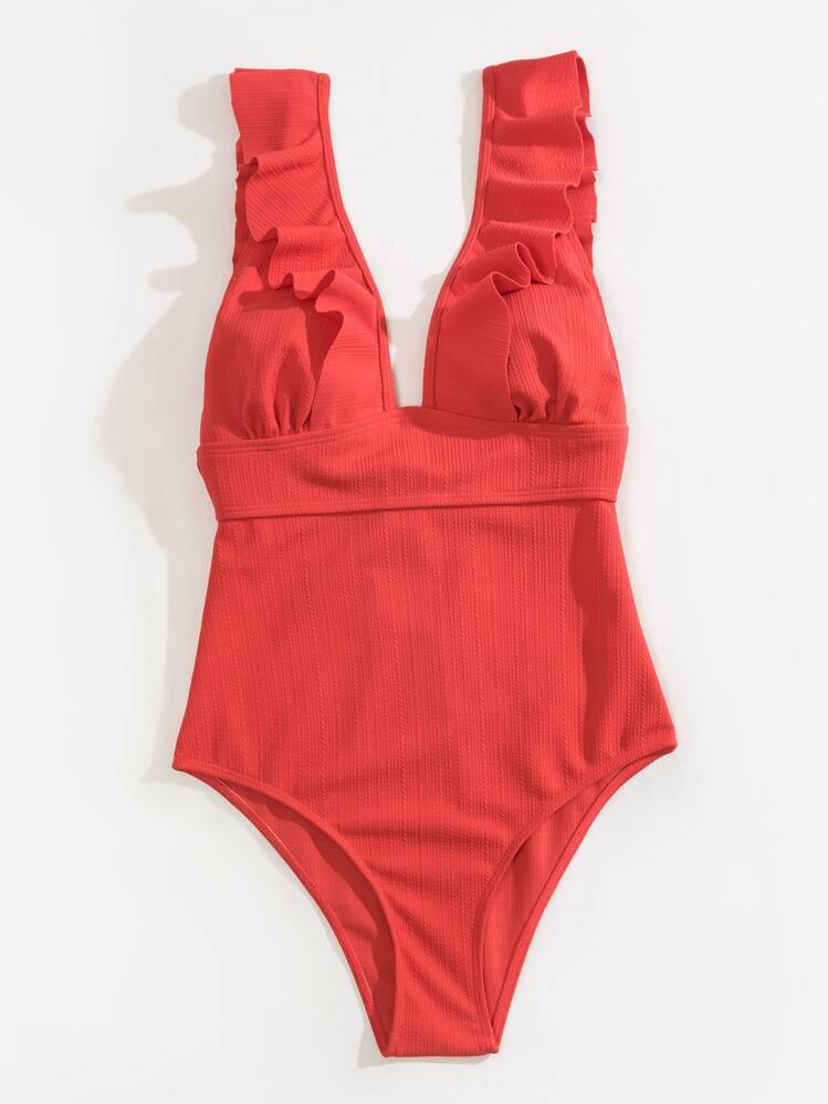 SHEIN Swim Summer Beach Ruffle Trim One Piece Swimsuit - Watermelon Pink - View 4