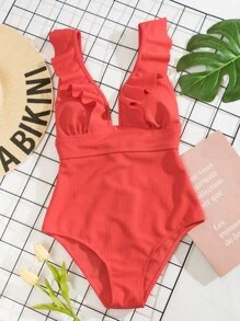 SHEIN Swim 荷葉邊連身泳裝 - 西瓜粉 - 查看 6