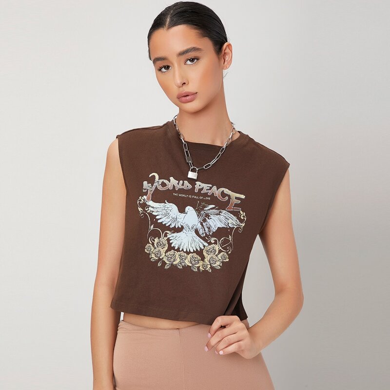 

Pigeon & Letter Print Tank Top, Rust brown