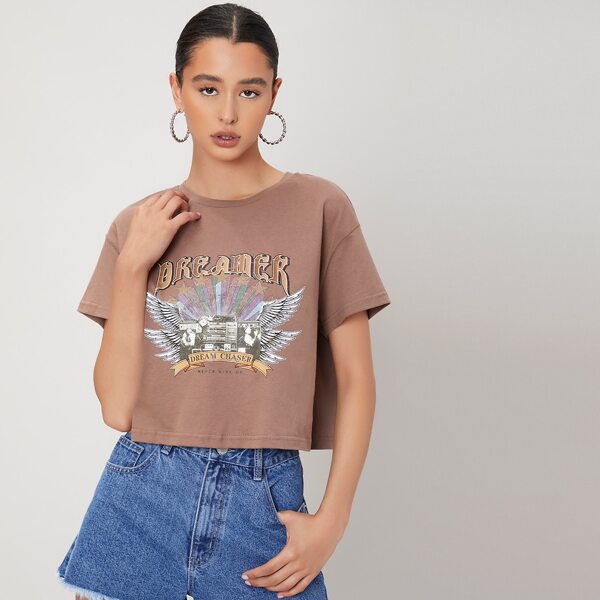 

Drop Shoulder Letter Graphic Tee, Mocha brown