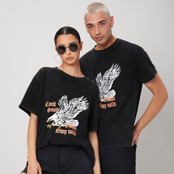 

1PC Drop Shoulder Eagle & Letter Print Tee, Black