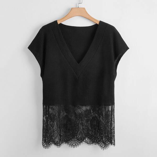

Plus Waffle Knit V-neck Lace Hem Tee, Black