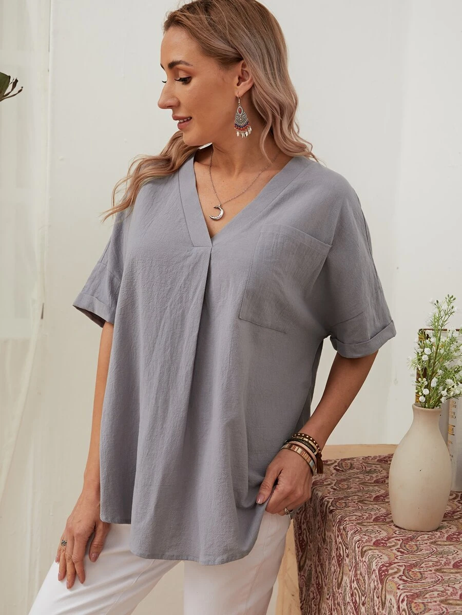 SHEIN 口袋捲邊衣 - 灰色 - 查看 1