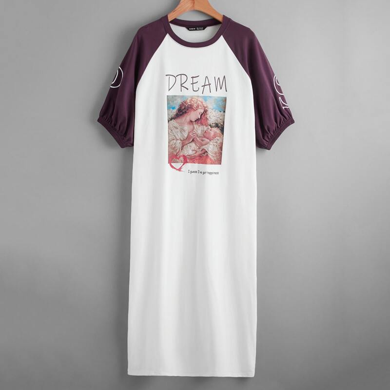 

Raglan Sleeve Letter and Figure Graphic Nightdress, White