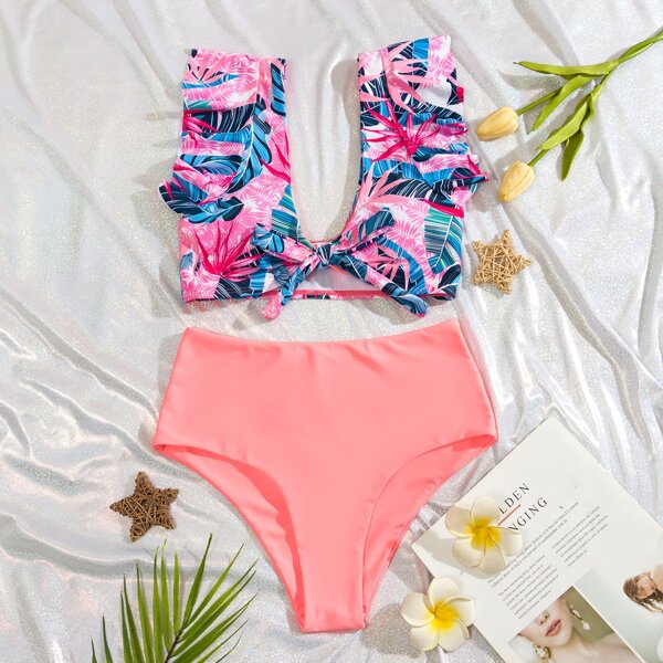 

Tropical Random Print Ruffle Bikini Swimsuit, Multicolor