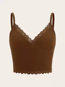 SHEIN EZwear Contrast Lace Crop Cami Top - Coffee Brown - View 1
