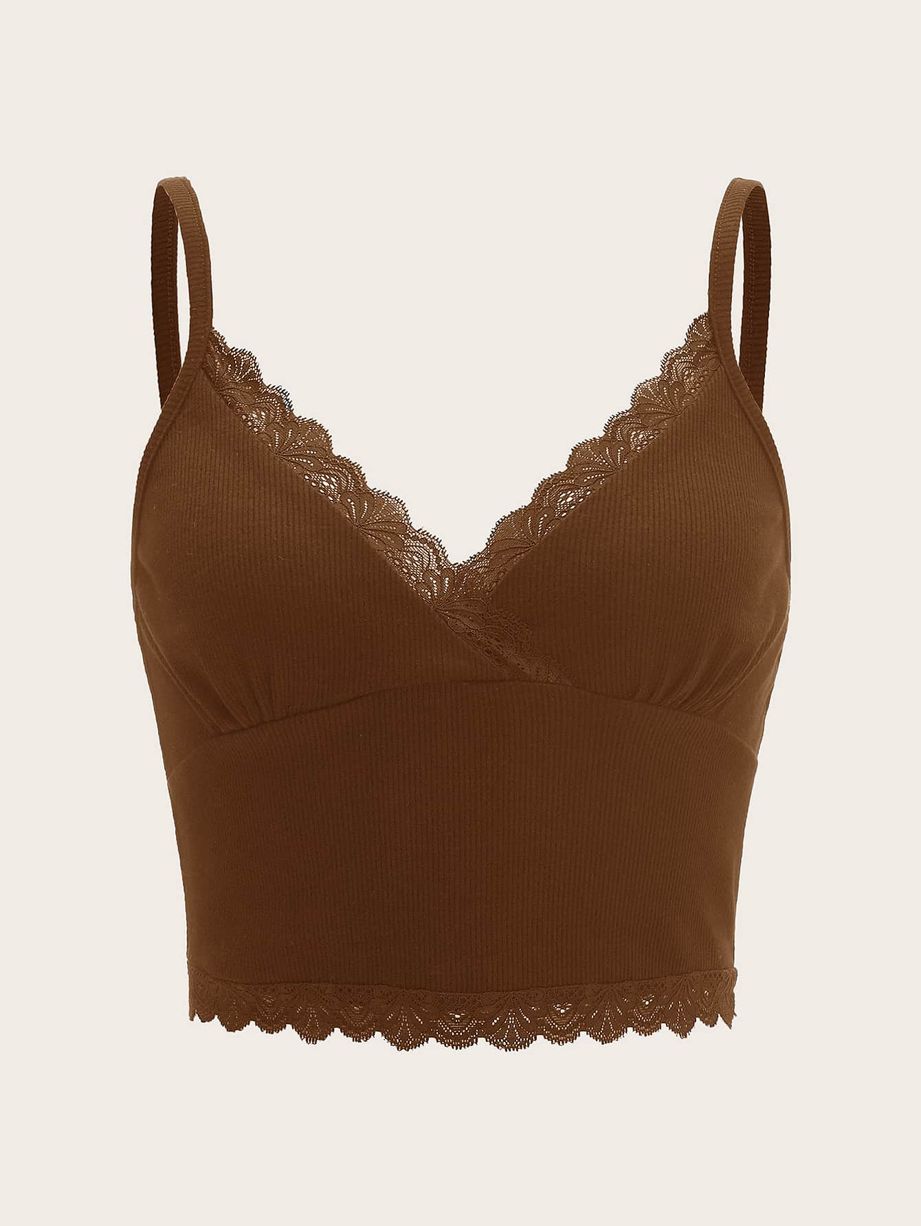 SHEIN EZwear Contrast Lace Crop Cami Top - Coffee Brown - View 1
