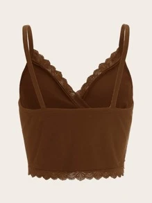 SHEIN EZwear Contrast Lace Crop Cami Top - Coffee Brown - View 2