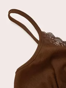 SHEIN EZwear Contrast Lace Crop Cami Top - Coffee Brown - View 4