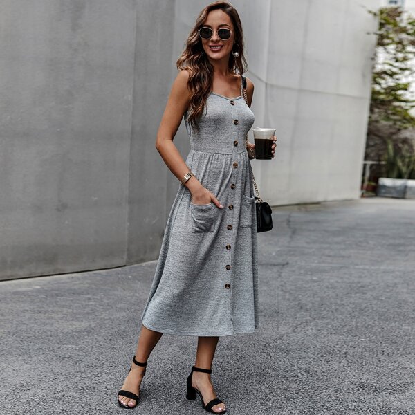 

Button Front Dual Pockets Cami Dress, Grey