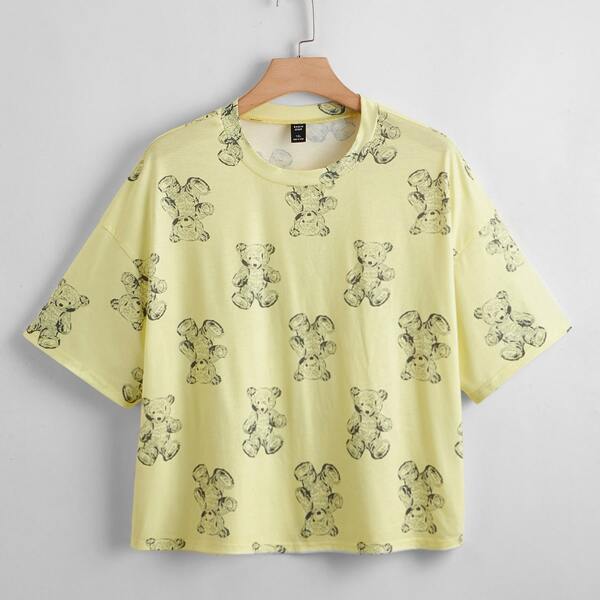 

Plus Cartoon Bear Graphic Tee, Yellow