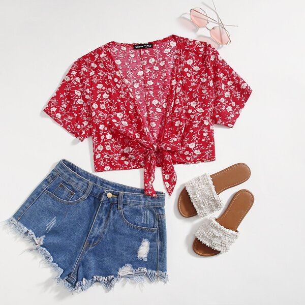 

Tie Front Ditsy Floral Top, Red