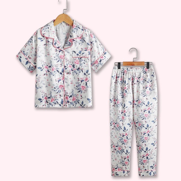 

для девочек Пижама с цветочным принтом с лацканами из атласа, Многоцветный