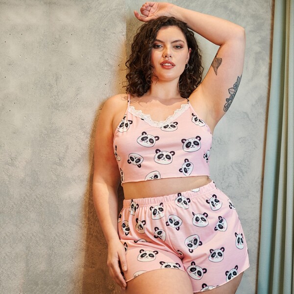 

Plus Cartoon Graphic Lace Trim Cami PJ Set, Baby pink