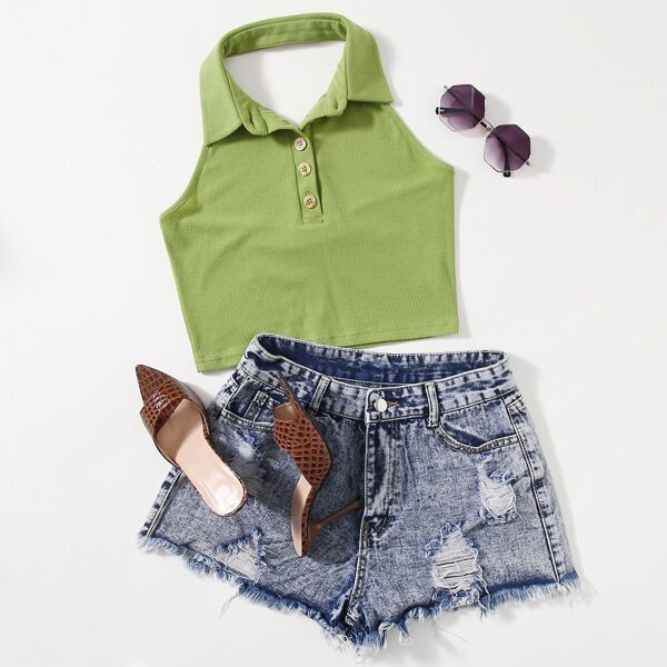 

Half Button Polo Halter Top, Green