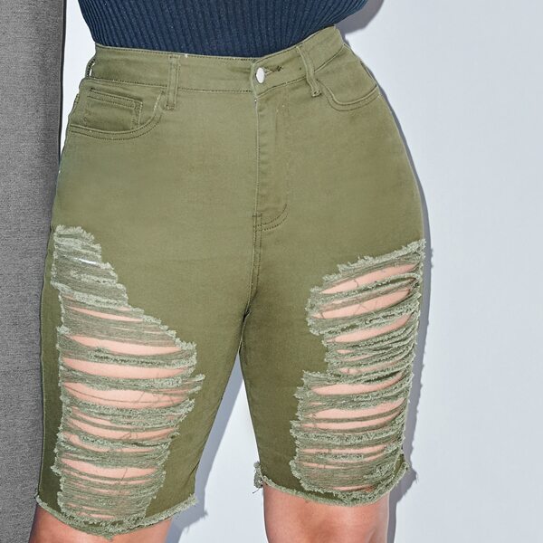 

Plus High Waist Ripped Biker Denim Shorts, Army green
