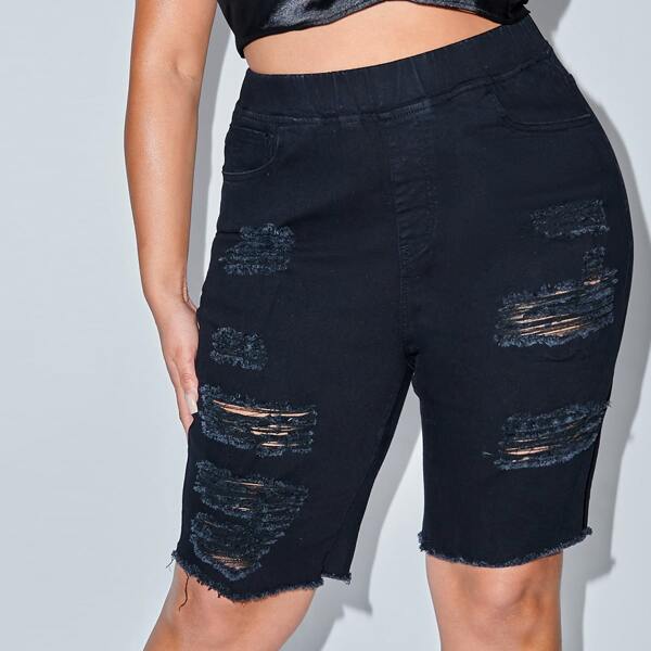 

Plus High Waist Ripped Raw Hem Denim Shorts, Black