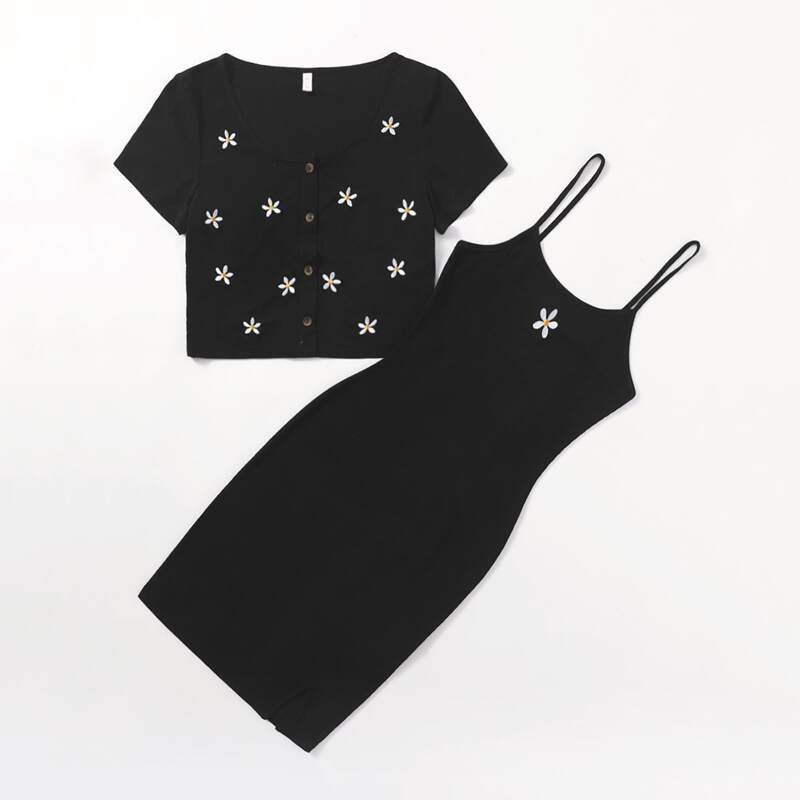 

Floral Embroidery Cami Dress & Button Front Tee, Black