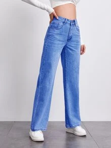 SHEIN 石頭水洗中腰直筒牛仔褲 - 中等水洗藍 - 查看 2