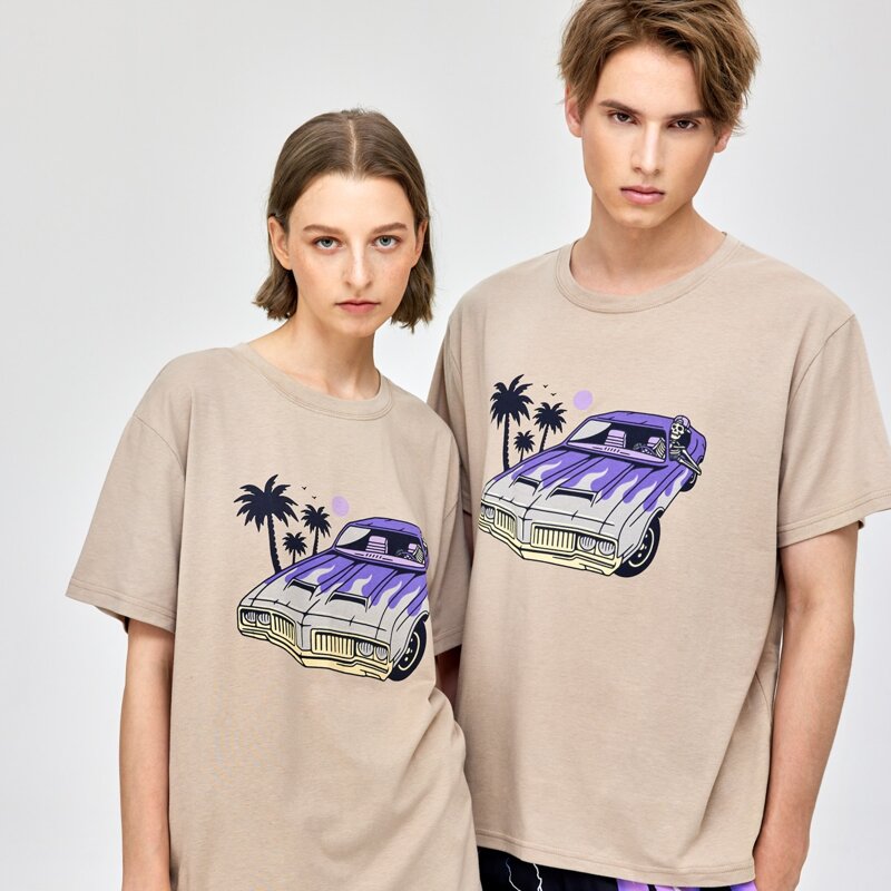 

Unisex 1pc Skull & Tropical Graphic Tee, Khaki