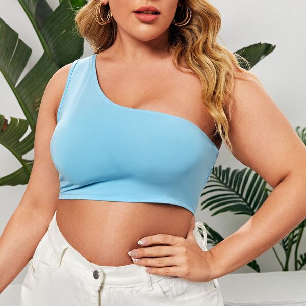 

Plus One Shoulder Solid Crop Top, Baby blue