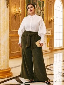 Modelyn Plus Glitter Wide Leg Belted Trousers - Gold - View 3