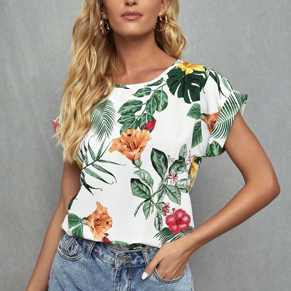 

Tropical Print Cuffed Sleeve Top, Multicolor